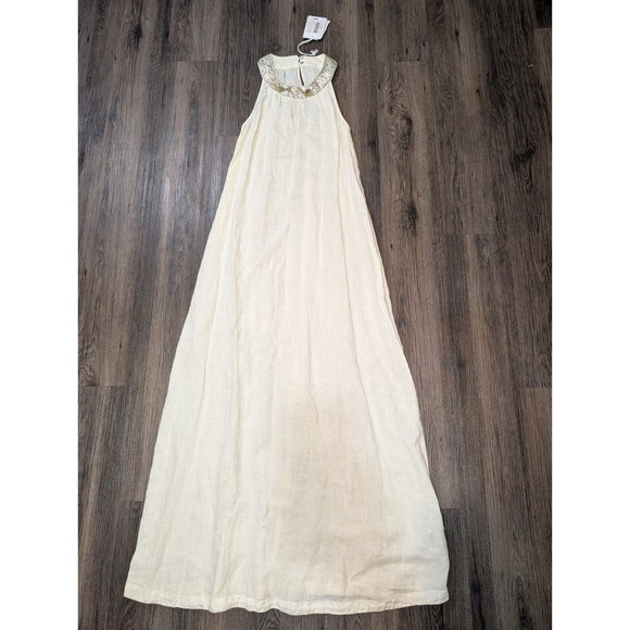 120%Lino Long Dress w Applique Beaded Neckline Sleeveless Linen Maxi Dress XS/40 120%Lino Long Dress w Applique Beaded Neckline Sleeveless Linen Maxi Dress XS/40